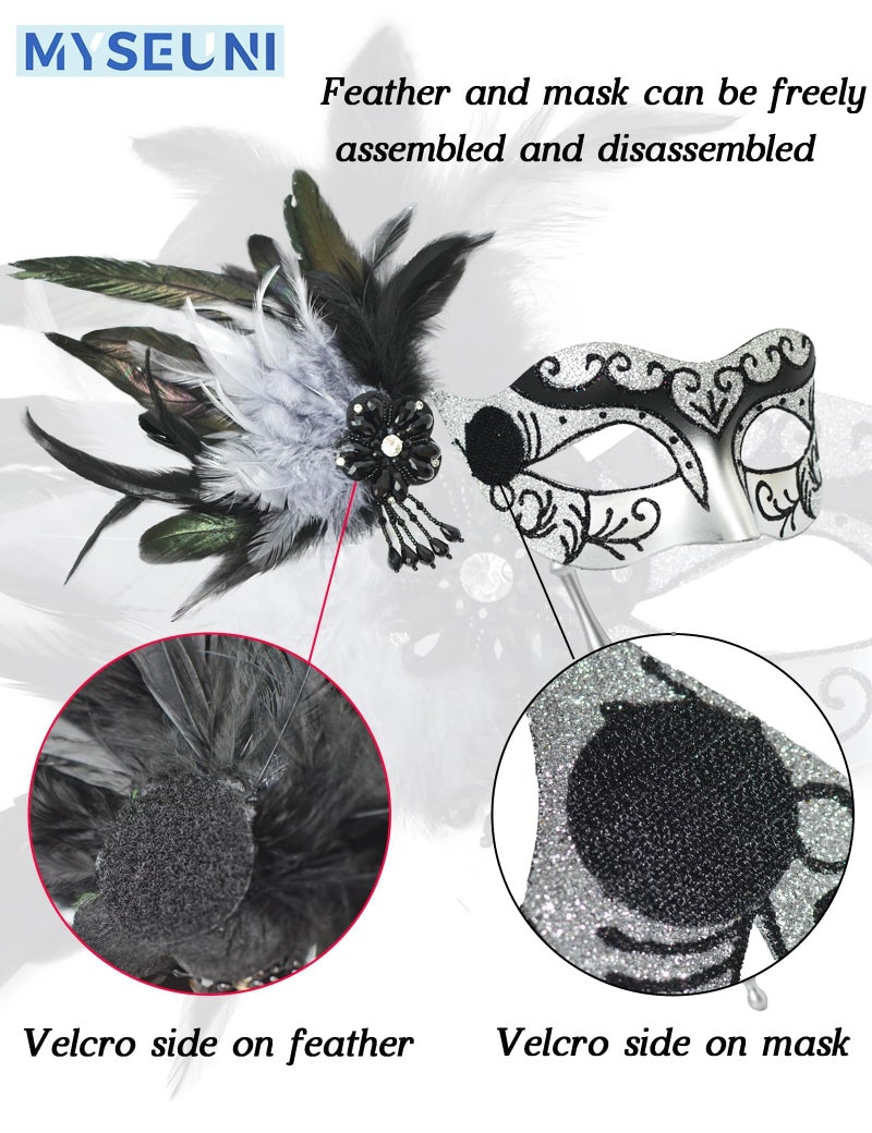 MYSEUNI 2025 New Sliver Masquerade Mask with Stick - Shiny Women's Feather Mardi Gras Venetian Mask for Halloween Parties, Carnival, Cosplay Prom, Christmas, Wedding, Bar, Costume Accessory - Image 3