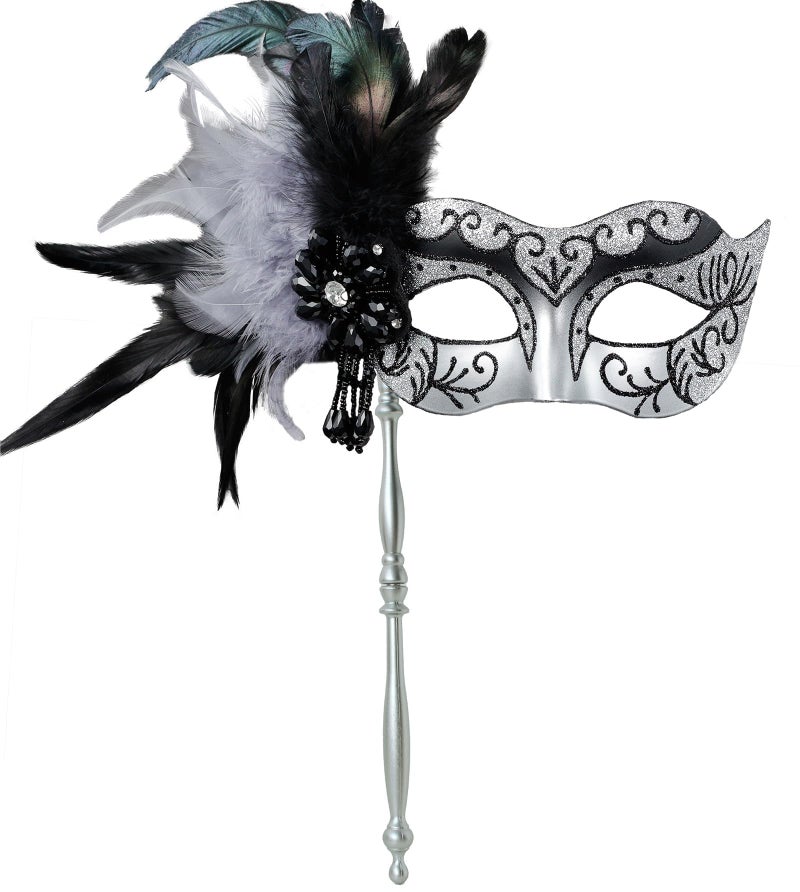 MYSEUNI 2025 New Sliver Masquerade Mask with Stick - Shiny Women's Feather Mardi Gras Venetian Mask for Halloween Parties, Carnival, Cosplay Prom, Christmas, Wedding, Bar, Costume Accessory - Image 1