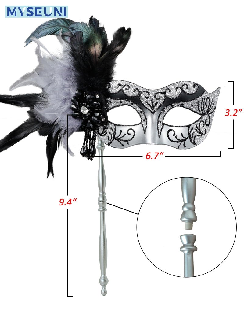 MYSEUNI 2025 New Sliver Masquerade Mask with Stick - Shiny Women's Feather Mardi Gras Venetian Mask for Halloween Parties, Carnival, Cosplay Prom, Christmas, Wedding, Bar, Costume Accessory - Image 2