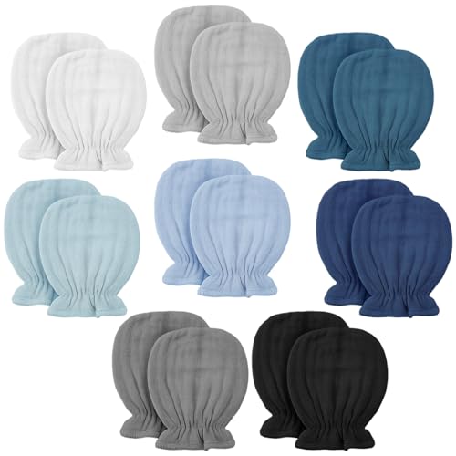 Jeere 8 Pairs Newborn Baby Muslin Mittens 0-6 Months No Scratch Elastic Wrist Soft Breathable Gloves Bulk Cotton for Infant (Fresh Color) - Image 1