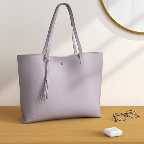 Dreubea Women's Soft Faux Leather Tote Shoulder Bag from, Big Capacity Tassel Handbag Gray Purple - Image 2