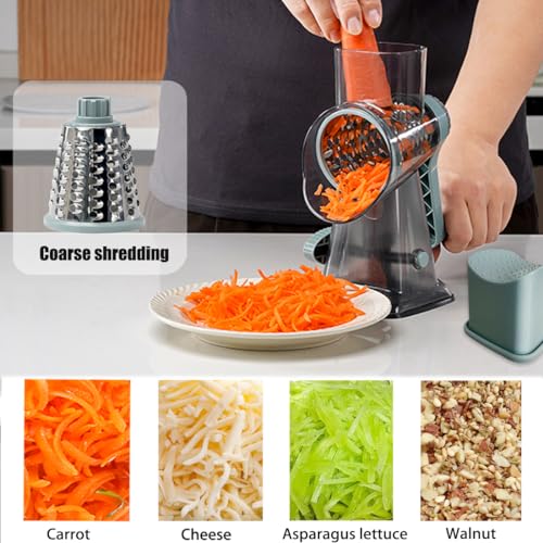 BNUNWISH Rotary Cheese Grater Shredder with Handle Handheld Round Mandoline Vegetable Slicer Carrot Shredder Nut Grinder with 3 Replaceable Stainless Steel Drum Blades and Upgrade Strong Suction, Grey/Cyan - Image 2