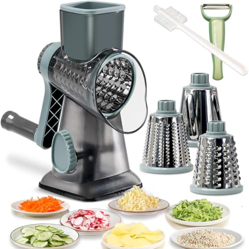 BNUNWISH Rotary Cheese Grater Shredder with Handle Handheld Round Mandoline Vegetable Slicer Carrot Shredder Nut Grinder with 3 Replaceable Stainless Steel Drum Blades and Upgrade Strong Suction, Grey/Cyan - Image 1