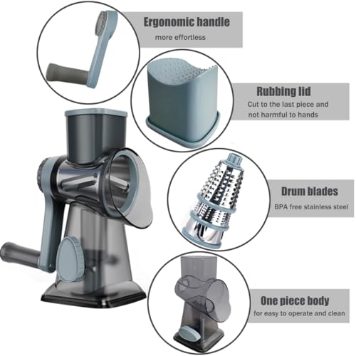 BNUNWISH Rotary Cheese Grater Shredder with Handle Handheld Round Mandoline Vegetable Slicer Carrot Shredder Nut Grinder with 3 Replaceable Stainless Steel Drum Blades and Upgrade Strong Suction, Grey/Cyan - Image 5