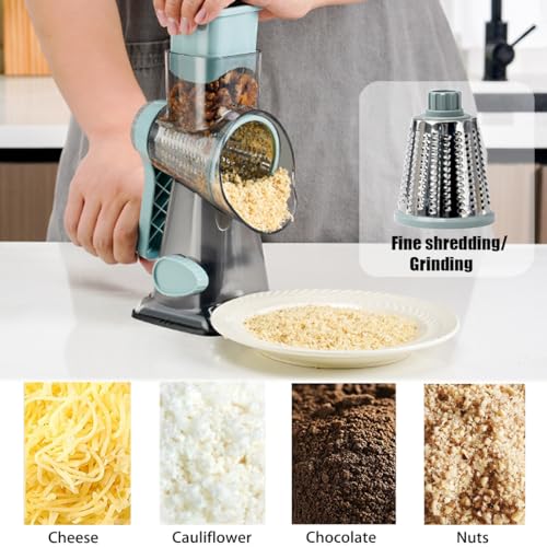 BNUNWISH Rotary Cheese Grater Shredder with Handle Handheld Round Mandoline Vegetable Slicer Carrot Shredder Nut Grinder with 3 Replaceable Stainless Steel Drum Blades and Upgrade Strong Suction, Grey/Cyan - Image 4