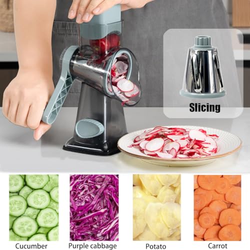 BNUNWISH Rotary Cheese Grater Shredder with Handle Handheld Round Mandoline Vegetable Slicer Carrot Shredder Nut Grinder with 3 Replaceable Stainless Steel Drum Blades and Upgrade Strong Suction, Grey/Cyan - Image 3
