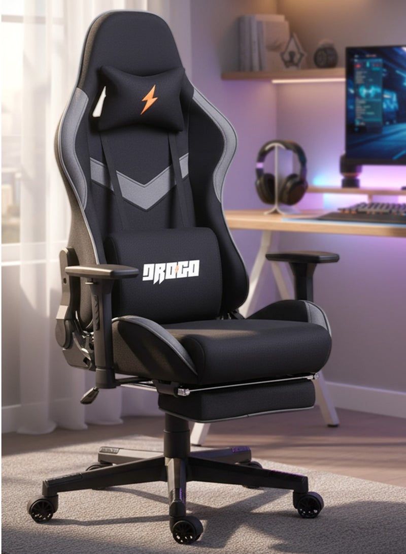 DROGO Ergonomic Gaming Chair with 7 Way adjustable Seat 3D Armrest Fabric Material Desk Chair Head USB Massager Lumbar Pillow Video Games Chair Home Office Chair with Full Recliner Back Footrest Black - Image 1