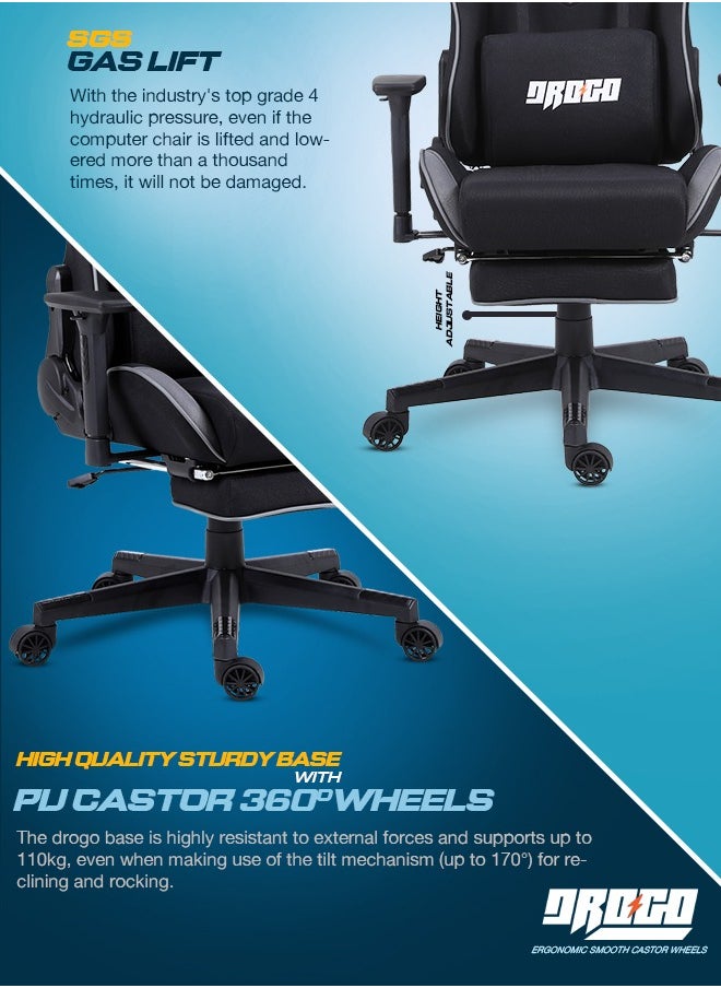 DROGO Ergonomic Gaming Chair with 7 Way adjustable Seat 3D Armrest Fabric Material Desk Chair Head USB Massager Lumbar Pillow Video Games Chair Home Office Chair with Full Recliner Back Footrest Black  - Image 2