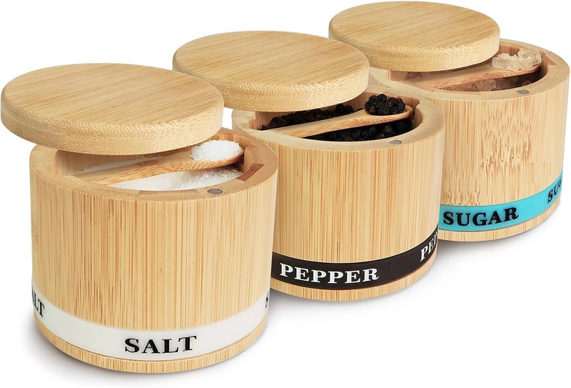 ThougrLyh Salt Box 3Pcs Spice Cellar with Swivel Lid and Spoons Small Bamboo Sugar Pepper and Salt Containers with Salt Pepper Sugar Labels,6 oz Capacity Holder for Seasoning and Small Items - Image 1