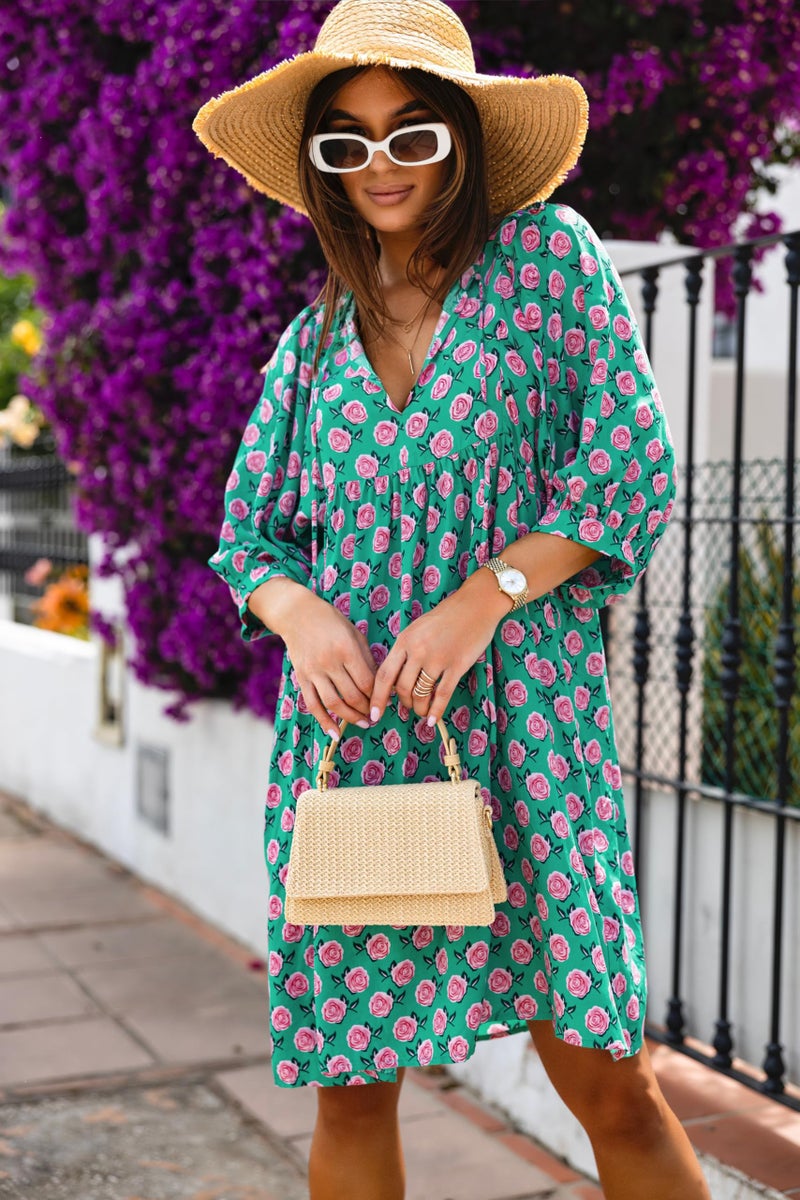 miduo Womens Casual Dresses Summer Half Sleeve V Neck Floral Bohemian Dress Boho Beach Mini Babydoll Shift Shirt Dress Pink Floral XL - Image 3