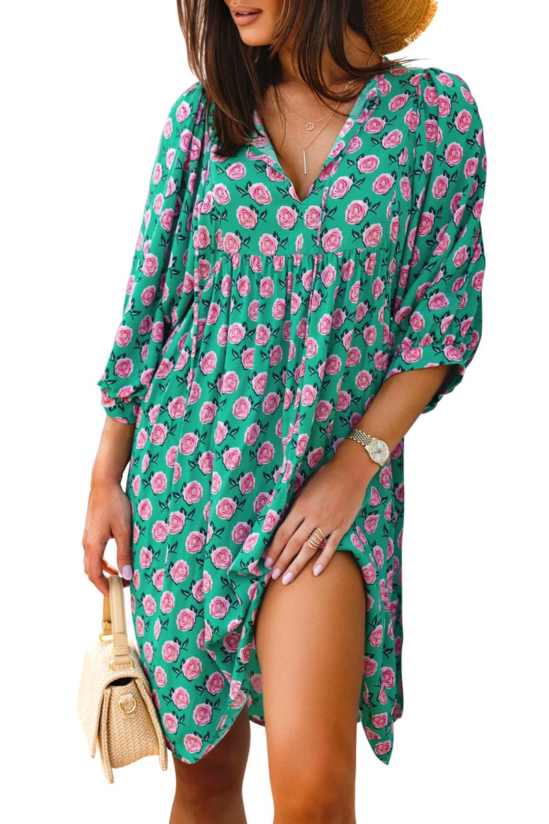 miduo Womens Casual Dresses Summer Half Sleeve V Neck Floral Bohemian Dress Boho Beach Mini Babydoll Shift Shirt Dress Pink Floral XL - Image 1