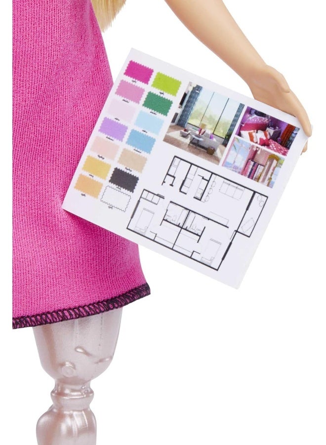 Mattel BARBIE Barbie Interior Designer Doll, Blonde, Pink Dress & Houndstooth Jacket, Prosthetic Leg, Tablet & Design Sheet - Image 3