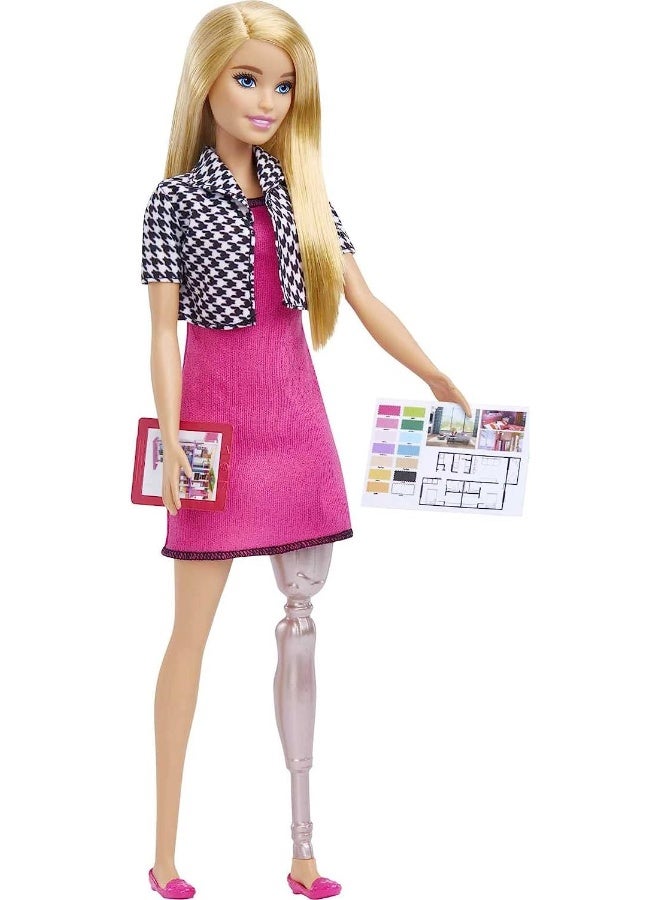 Mattel BARBIE Barbie Interior Designer Doll, Blonde, Pink Dress & Houndstooth Jacket, Prosthetic Leg, Tablet & Design Sheet - Image 5
