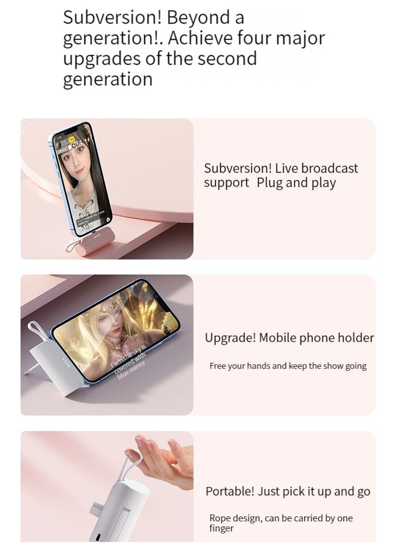 Generic - 10000 mAh large capacity capsule power bank Typec plug and Apple cable dual plug with built-in mobile phone holder portable multi-functional power bank pink - Image 1