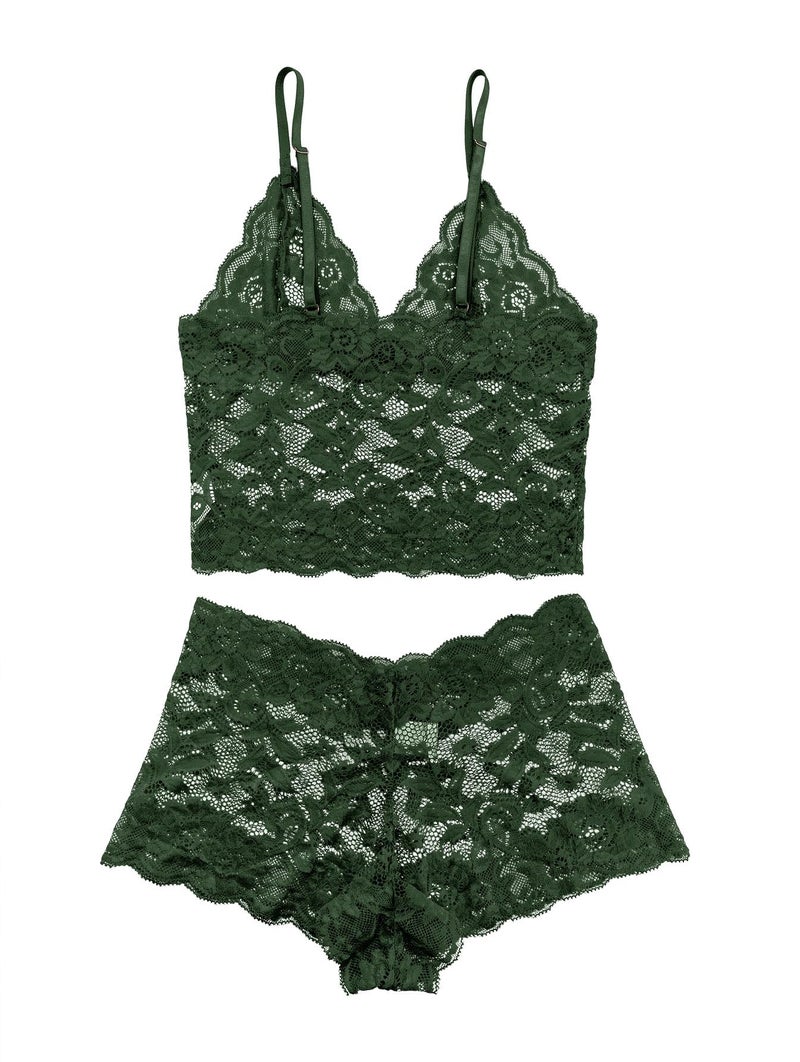 Lilosy Sexy Women Floral Lace Pajamas Lingerie Set High Waist Sheer Sleepwear See Through Nightwear Cami Shorts Bra and Panty 2 Piece Army Green Large - Image 5