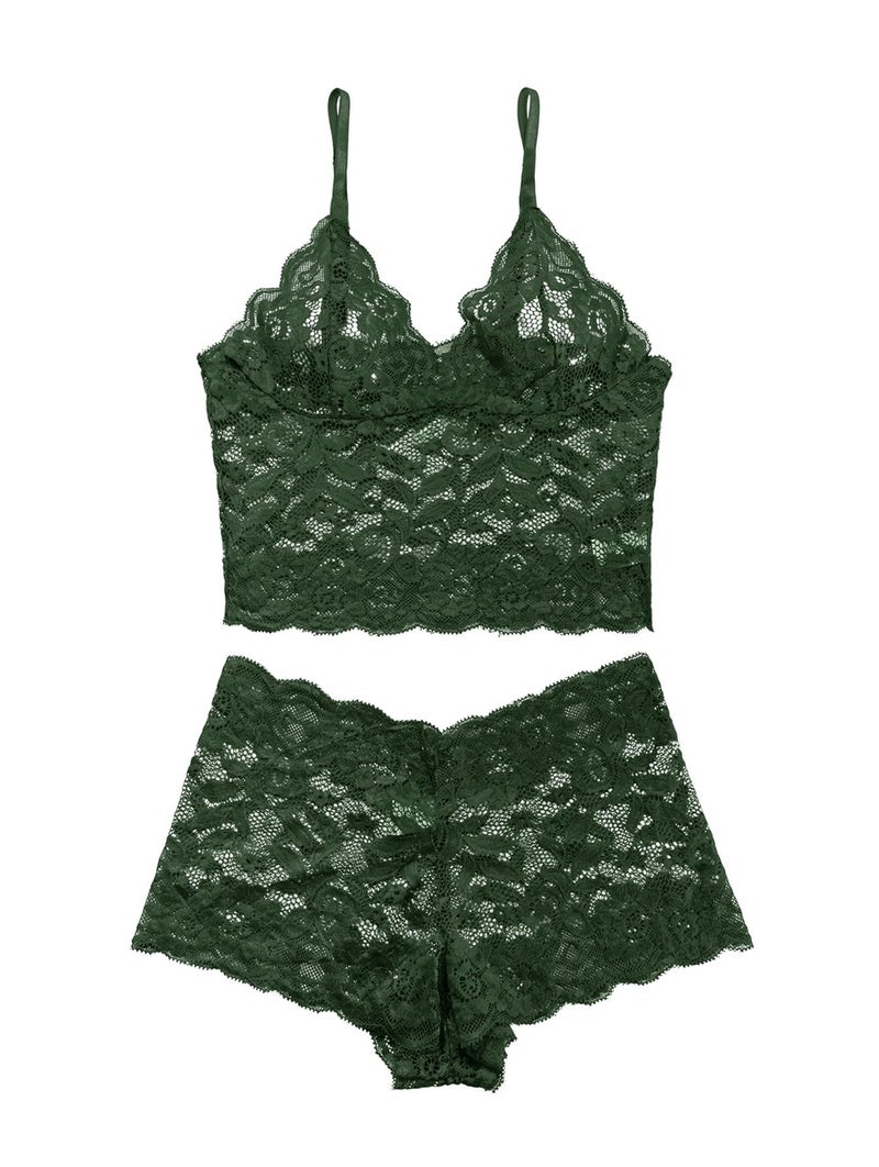 Lilosy Sexy Women Floral Lace Pajamas Lingerie Set High Waist Sheer Sleepwear See Through Nightwear Cami Shorts Bra and Panty 2 Piece Army Green Large - Image 4
