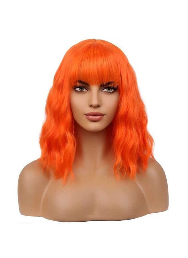 BERON 14 Inches Orange Wig Short Curly Wig Women Girl's Synthetic Wig Orange Wig with Bangs Wig Cap Included  - Image 1