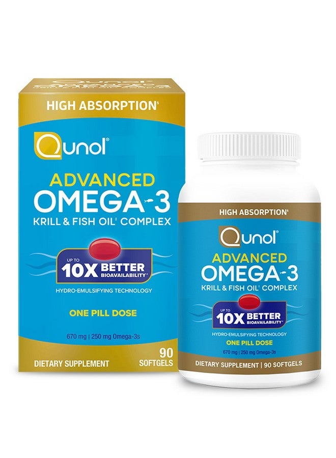 Qunol Advanced Omega 3 Krill and Fish Oil Complex, 10x Better Bioavailability, One Pill Dose, 250mg EPA & DHA, Supports Brain, Eye, Heart and Joint Health, 90 Count (Pack of 1) - Image 1