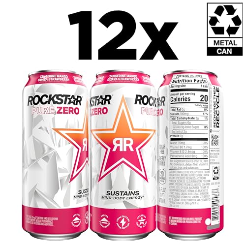 Rockstar Pure Zero Energy Drink, Tangerine Mango Guava Strawberryh, 0 Sugar, with Caffeine and Taurine, 16 Fl Oz (Pack of 12) (Packaging May Vary) - Image 3