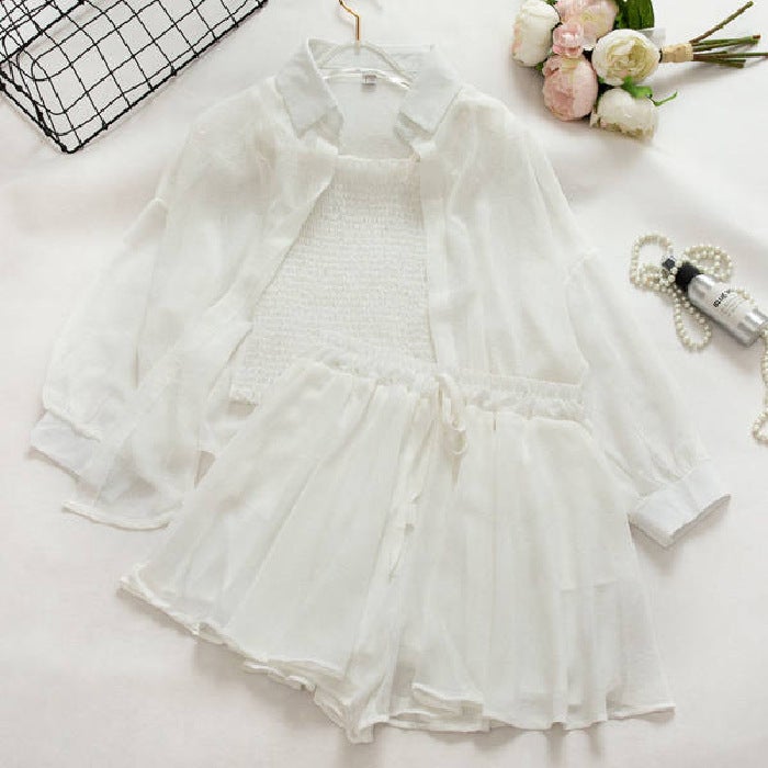 2024 Summer Chic Chiffon Shirt Set for Women White [set]]  - Image 1