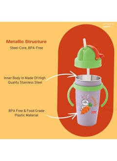 Nabhya Hot & Cold Insulated Stainless Steel 360Ml Bpa-Free Cute Animal Design Baby Sipper Kids Water Bottle With Straw And Side Handle For Kids (Purple & Blue - 2Pc)  - Image 4