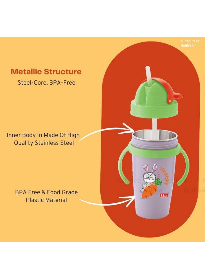 Nabhya Hot & Cold Insulated Stainless Steel 360Ml Bpa-Free Cute Animal Design Baby Sipper Kids Water Bottle With Straw And Side Handle For Kids (Purple & Blue - 2Pc) - Image 4