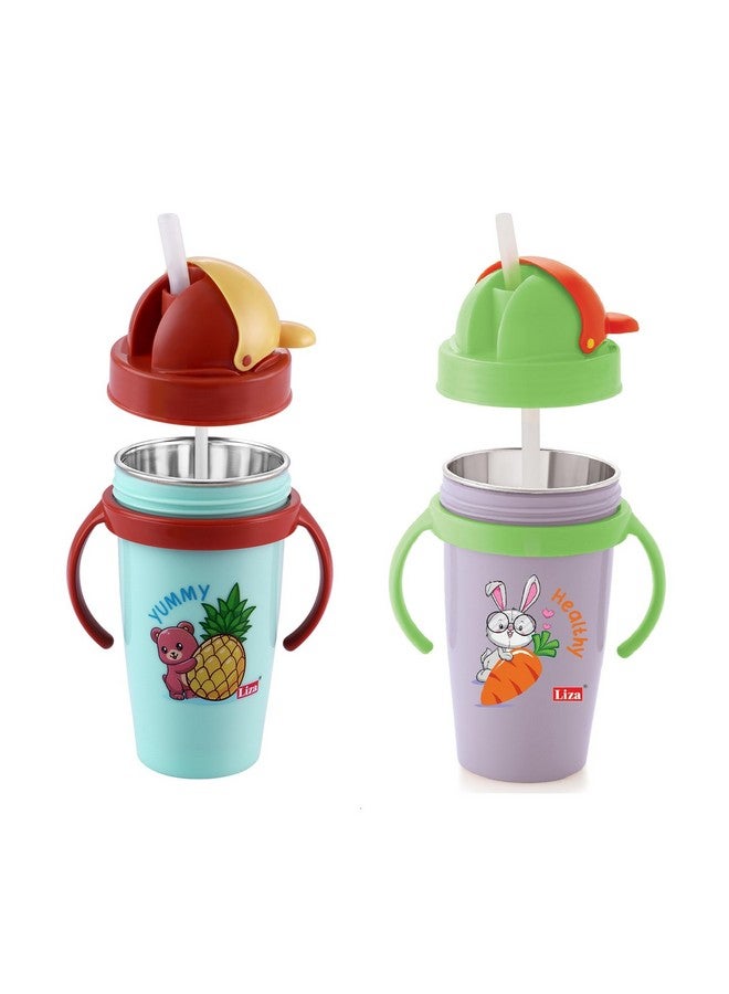 Nabhya Hot & Cold Insulated Stainless Steel 360Ml Bpa-Free Cute Animal Design Baby Sipper Kids Water Bottle With Straw And Side Handle For Kids (Purple & Blue - 2Pc) - Image 1