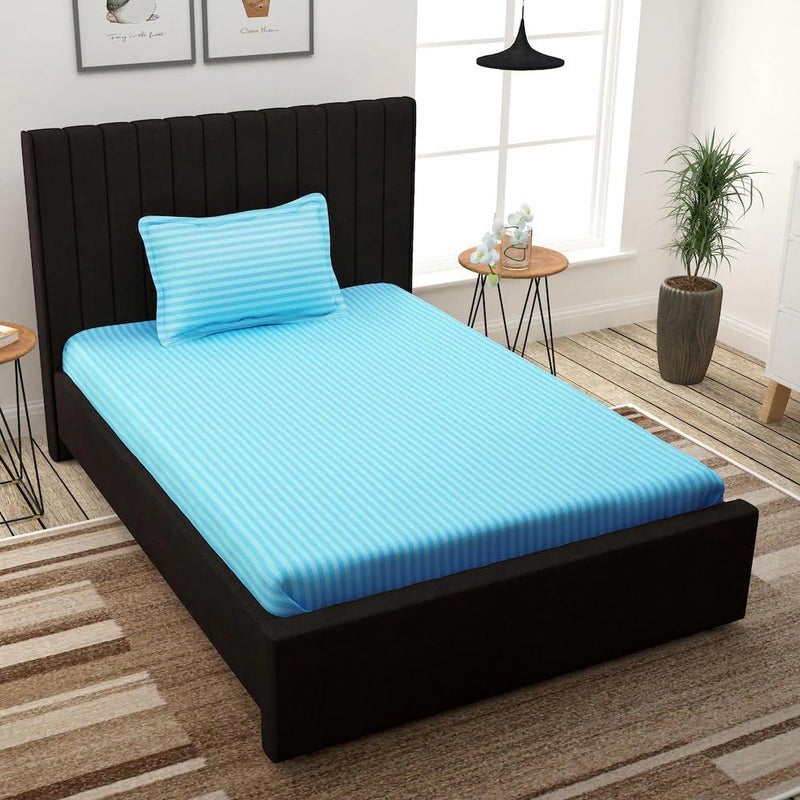 Roman ملاءة سرير ساتان مخططة مرنة مفصلة لسرير مفرد (36x78x8 بوصة) مع غطاء وسادة واحد للمنزل - الفنادق - بيت الضيافة - أكوا - Image 1