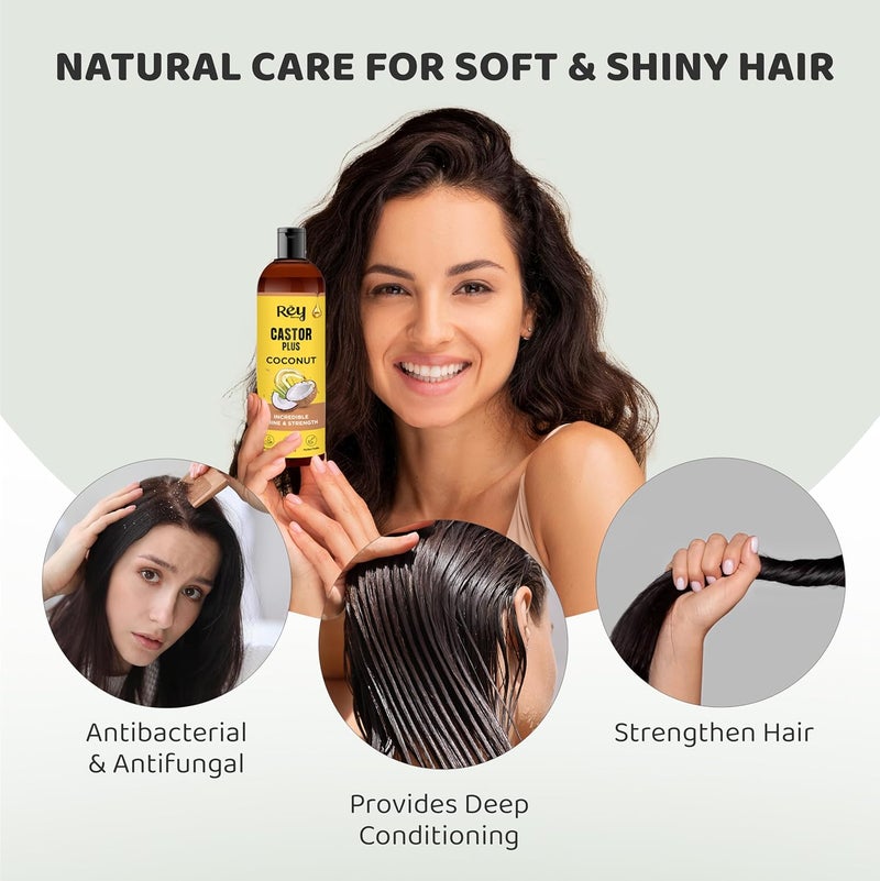 Rey Naturals Rey Naturals Castor Plus Coconut Oil Premixed Coconut Oil and Castor oil for Hair Growth Nourishes Hair Luscious Hair Silky Smooth Skin 100 Natural Use For Men Women Pack of 2 400 ml - Image 2