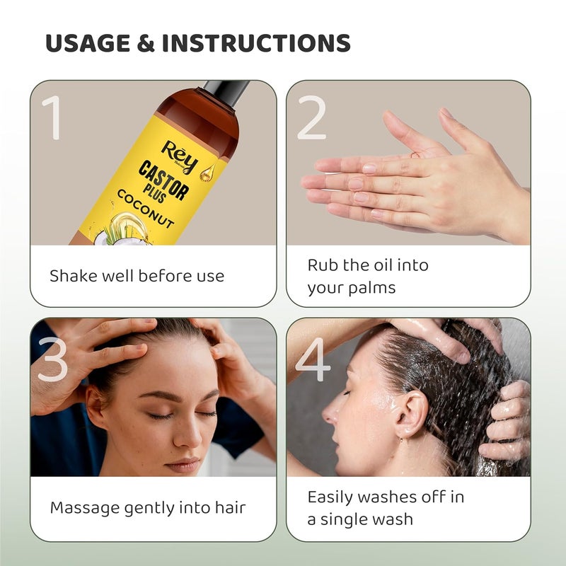 Rey Naturals Rey Naturals Castor Plus Coconut Oil Premixed Coconut Oil and Castor oil for Hair Growth Nourishes Hair Luscious Hair Silky Smooth Skin 100 Natural Use For Men Women Pack of 2 400 ml - Image 4