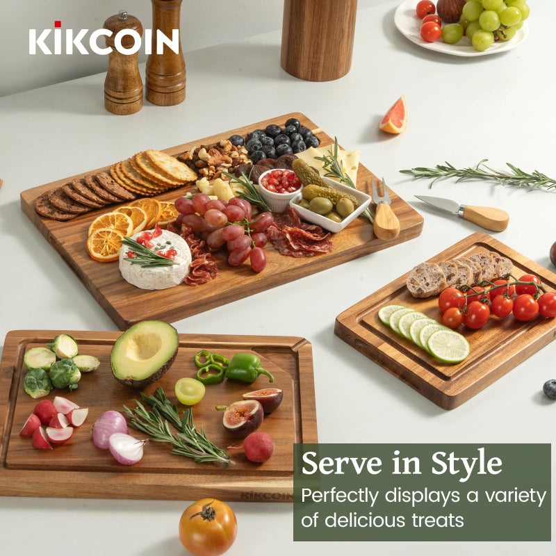 Kikcoin Wood Cutting Boards for Kitchen, 3 PCS Wooden Cutting Board Set with Holder, Chopping Board with Built-In Compartments and Juice Groove, Solid Charcuterie Board Serving Tray Wood Butcher Block - Image 5