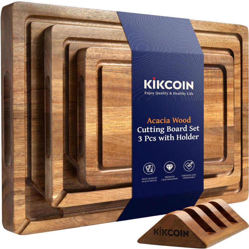 Kikcoin Wood Cutting Boards for Kitchen, 3 PCS Wooden Cutting Board Set with Holder, Chopping Board with Built-In Compartments and Juice Groove, Solid Charcuterie Board Serving Tray Wood Butcher Block - Image 1