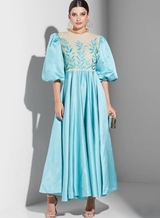Embroidered Puffed Sleeve Dress