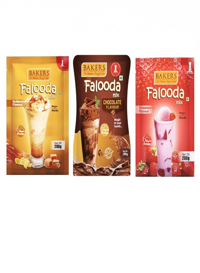 BAKERS Flavour Falooda Mix Powder Combo - Chocolate, Butterscotch and Strawberry Set of 3 Each 200g| Rich, Smooth & Creamy Texture | Authentic Instant Falooda Mix - Image 1