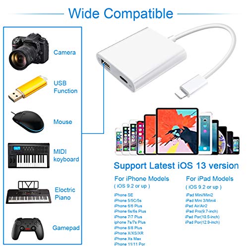 WORLDBOYU Lightning to USB3 Camera Adapter with Charging Port, Lightning Female USB OTG Cable Adapter for Select iPhone,iPad Models Support Connect Camera, Card Reader, USB Flash Drive, MIDI Keyboard (WHITE) - Image 2