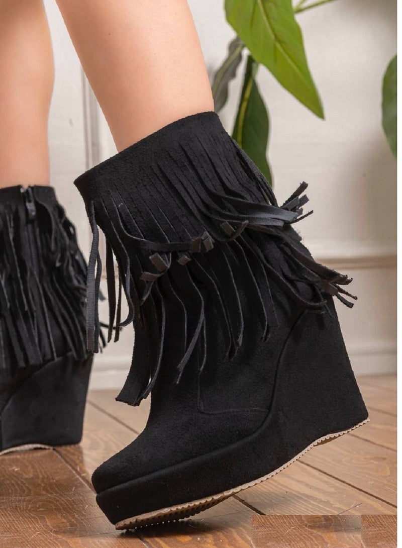 LIFESTYLISH Boot Wedge High-Heels Suede Bw-12 - Black 