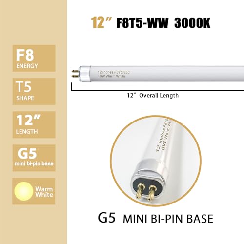 Konideke 8 Pack F8T5/WW Fluorescent Bulbs Warm White 3000K, 12 inch Under Cabinet Light Bulb, T5 8 Watt Fluorescent Tube Soft White, G5 Mini Bi 460 Lumens No Dimmable - Image 2