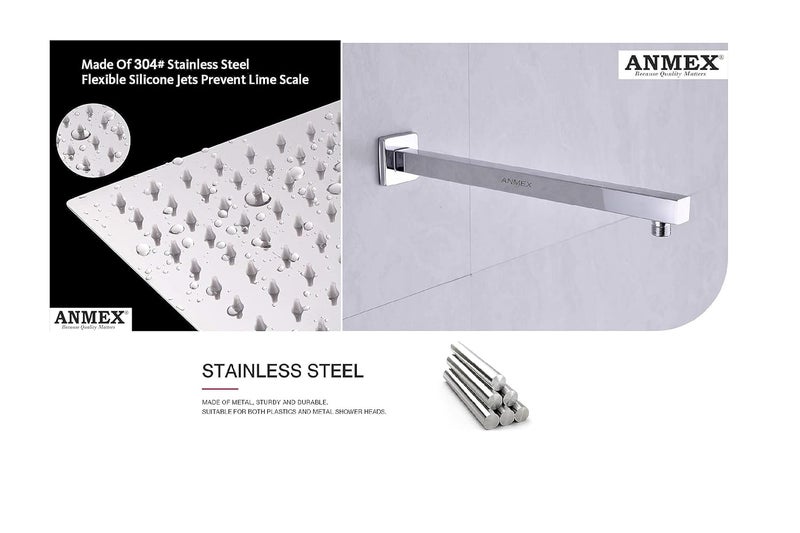 ANMEX Mirror Stainless Steel 304 Square Ultra Slim High Pressure Rainfall Shower Head for bathroom With Shower Fit Arm (12X12 + 15INCH ARM) - Image 2