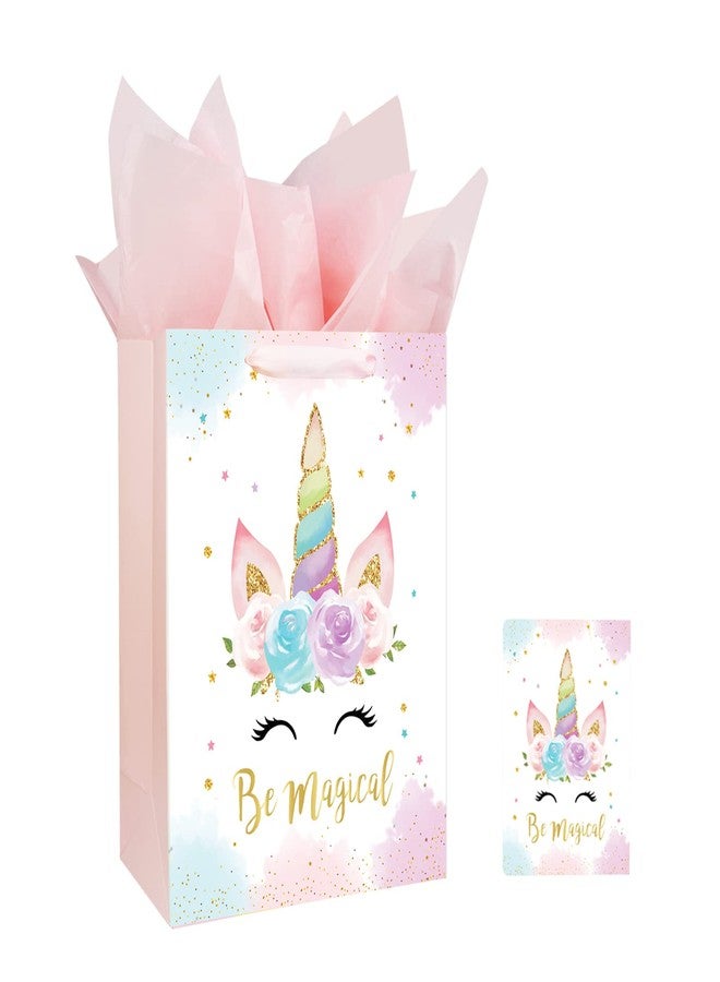 Laidans 13" Large Unicorns Gift Bag for Birthday Baby Shower Baby Girl Gift Bag with Card and Tissue Papers Watercolor Design - Image 1