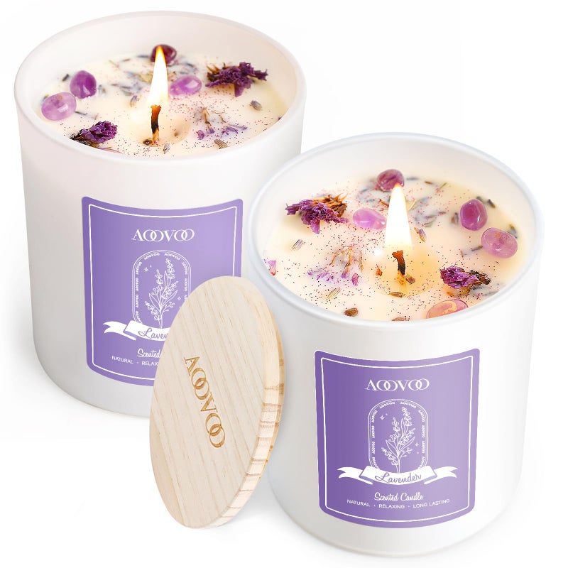 AOOVOO Lavender Scented Candle Set 2 Pack - Aromatherapy Candle with Crystals Inside, 14oz Soy Candles for Home Scented, Birthday Gifts Mothers Day Candle for Women Mom - Image 1