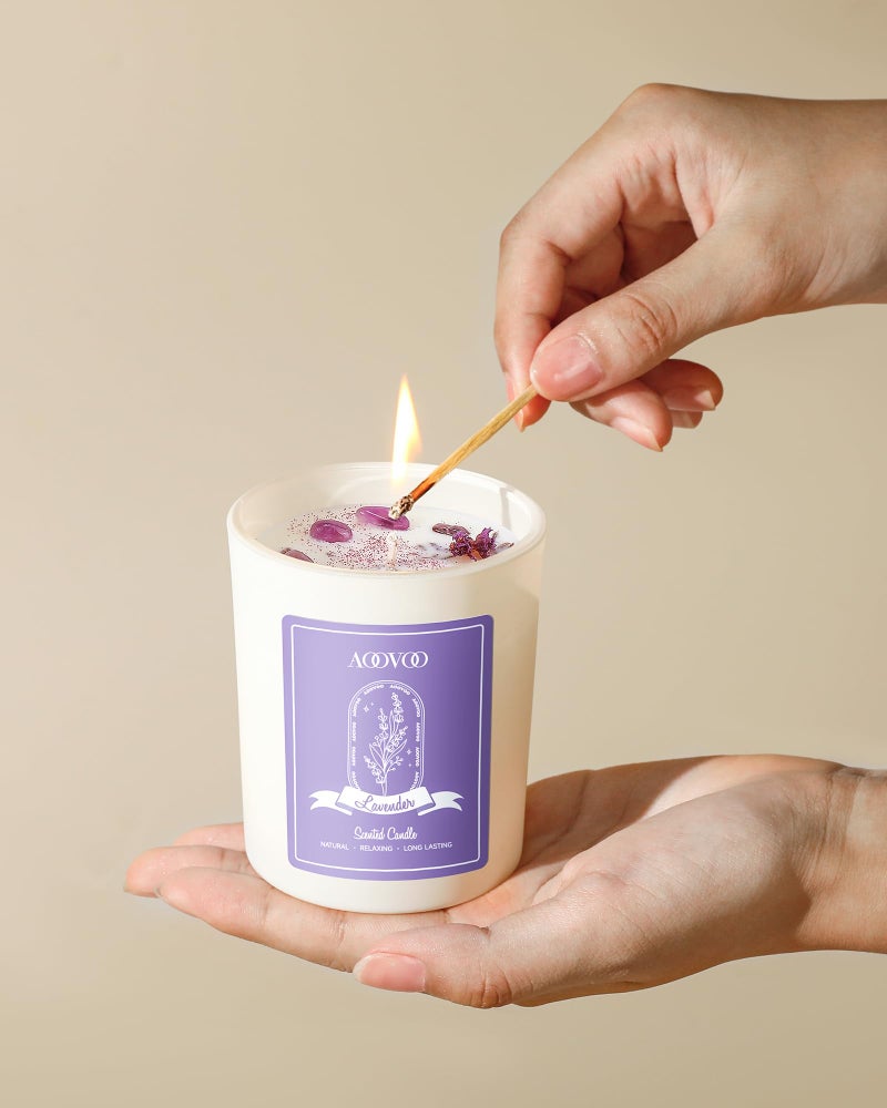 AOOVOO Lavender Scented Candle Set 2 Pack - Aromatherapy Candle with Crystals Inside, 14oz Soy Candles for Home Scented, Birthday Gifts Mothers Day Candle for Women Mom - Image 4