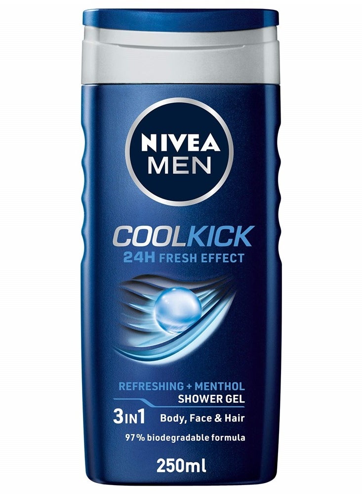 Nivea - MEN 3in1 Shower Gel Body Wash, Cool Kick 24h Fresh Effect Masculine Scent, 250ml - Image 1