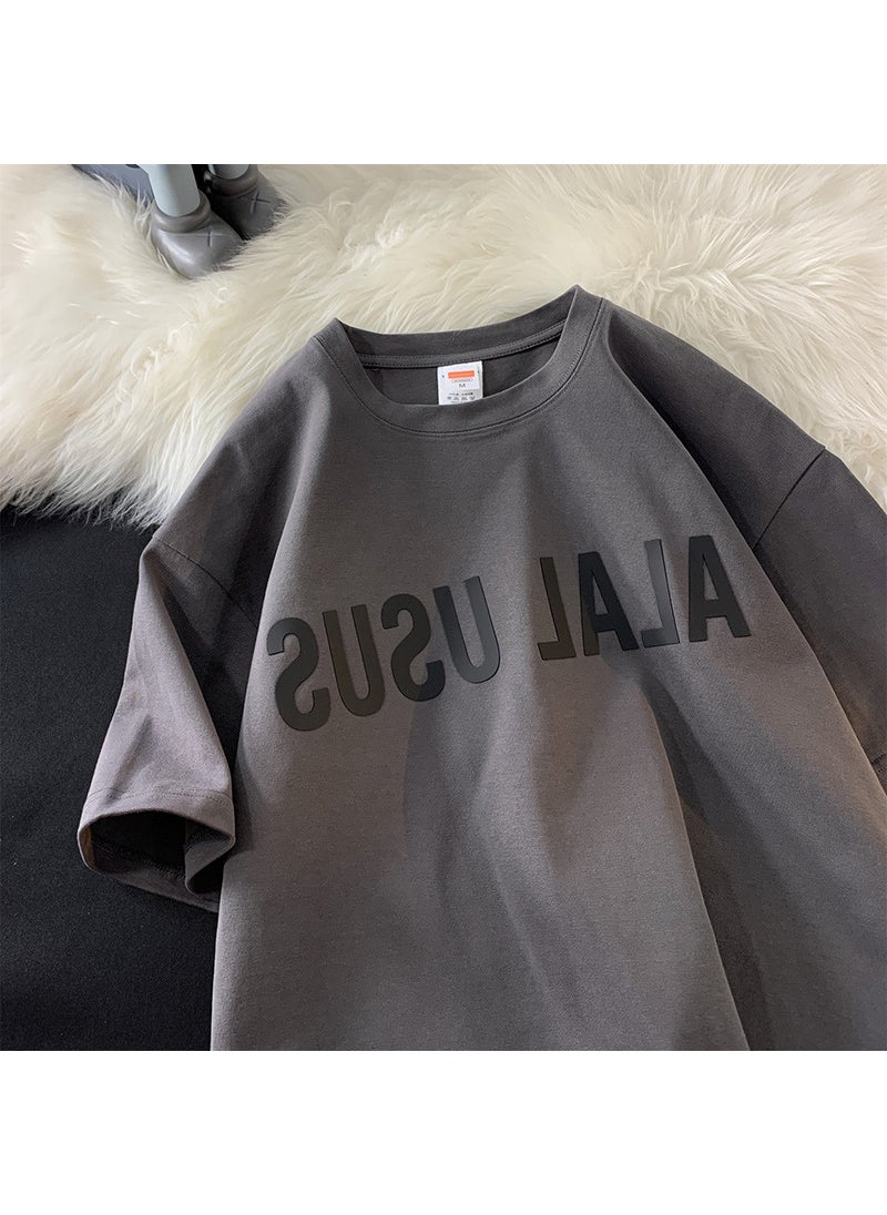 Generic - American Style Vintage Pure Cotton Short Sleeve T-shirts For Men Summer Ins Trendy Brand Loose Fit Half Sleeve Body Tops CMT34 dark gray - Image 1