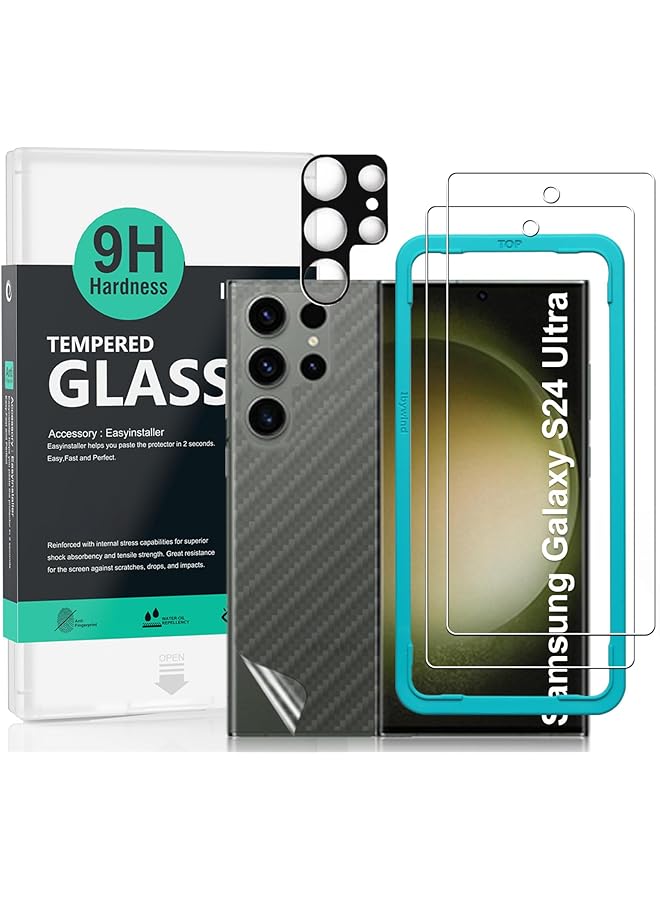 إيروريكس عبوتان من واقي الشاشة لهاتف Samsung Galaxy S24 Ultra 5G مقاس 6.8 بوصة وليس لهاتف Samsung Galaxy S24 5G S24 Plus 5G زجاج مقسّى بقوة 9H مع قطعة واحدة من واقي عدسة الكاميرا وقطعة واحدة من غشاء ألياف الكربون الخلفي - Image 1