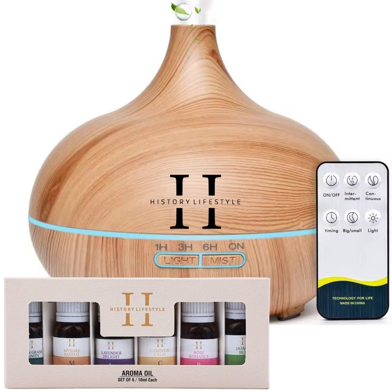 HISTORY LIFESTYLE History Lifestyle 550ml Premium 5 in 1 Essential Oil Diffuser for Home Fragrance with Free Aroma Oil Set Ultrasonic Aromatherapy Humidifier Air Purifier Air Freshener Pack of 6 Free Aroma Oils - Image 1