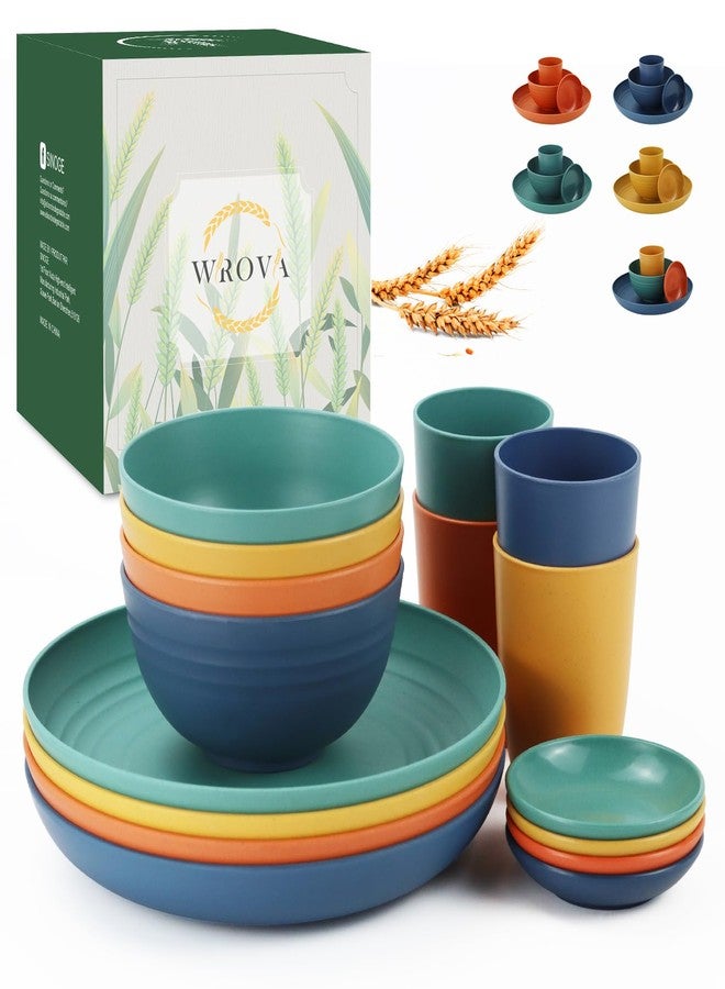 Wrova Wheat straw plates and bowls sets of 16 - Unbreakable wheat straw dinnerware sets for kids - Alternative plastic dinnerware set service for 4 - Microwave safe and Dishwasher safe bowls. Colorful - Image 1