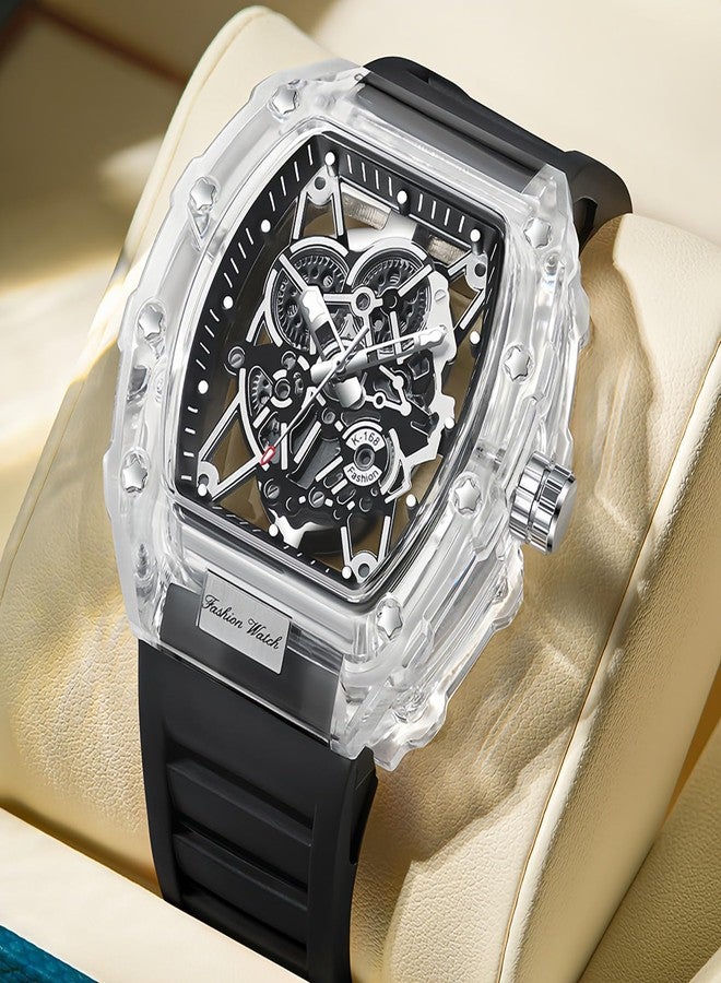 Gosasa Fashion Hollowed Men Watches Tonneau Transparent Analog Display Silicone Strap Calendar Quartz Waterproof Trend Male Wrist Watch, M-Black White, fashion - Image 3