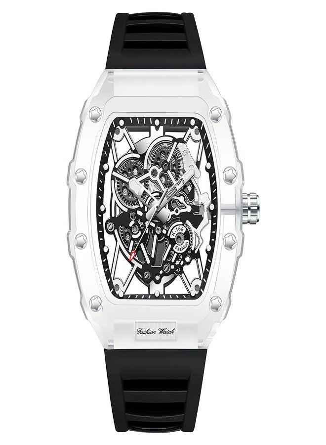 Gosasa Fashion Hollowed Men Watches Tonneau Transparent Analog Display Silicone Strap Calendar Quartz Waterproof Trend Male Wrist Watch, M-Black White, fashion - Image 1