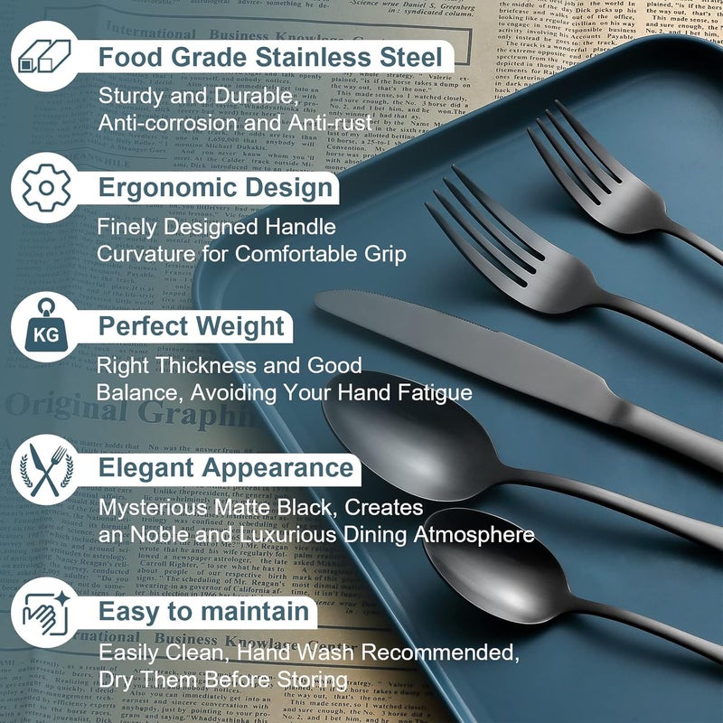Briout Matte Black Silverware Set Stainless Steel Cutlery Set Service for 4 Black Flatware Utensil Set Include Fork Knife Spoon for Kitchen Home Restaurant Premium Tableware - Image 3