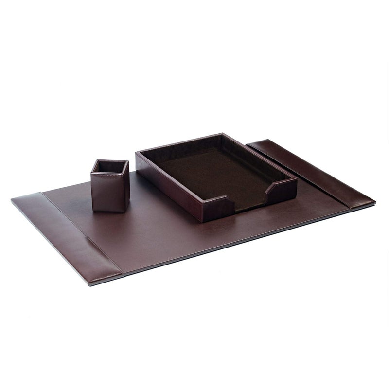 Dacasso Bonded Set Luxury Leather Desk Pad  Desk Organization Essentials 3 Piece Dark Brown